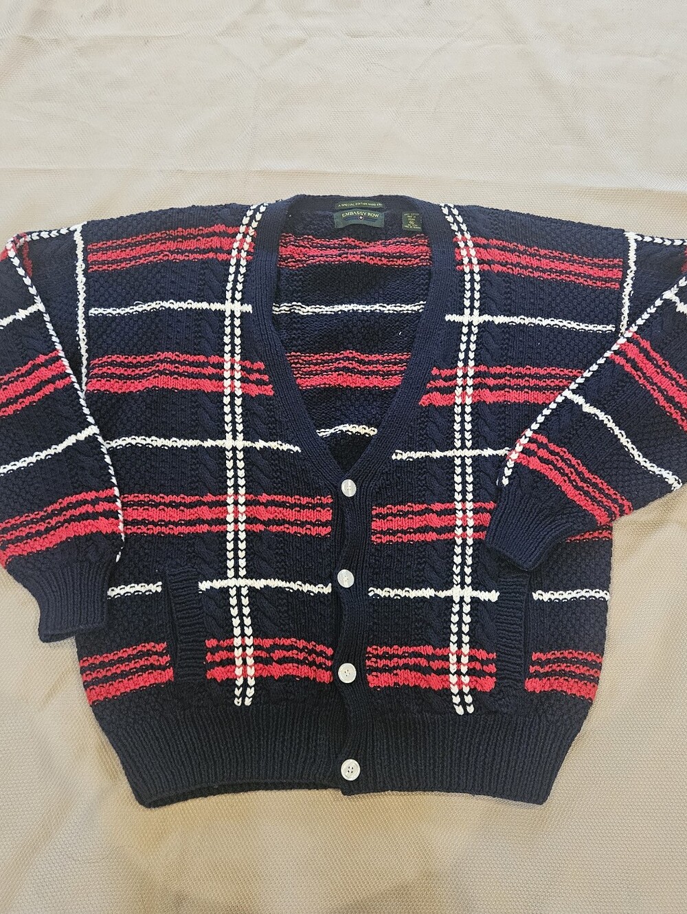 Embassy Row Special Edition hand-knit Cotton USA Cardigan Sweater Red Blue XL